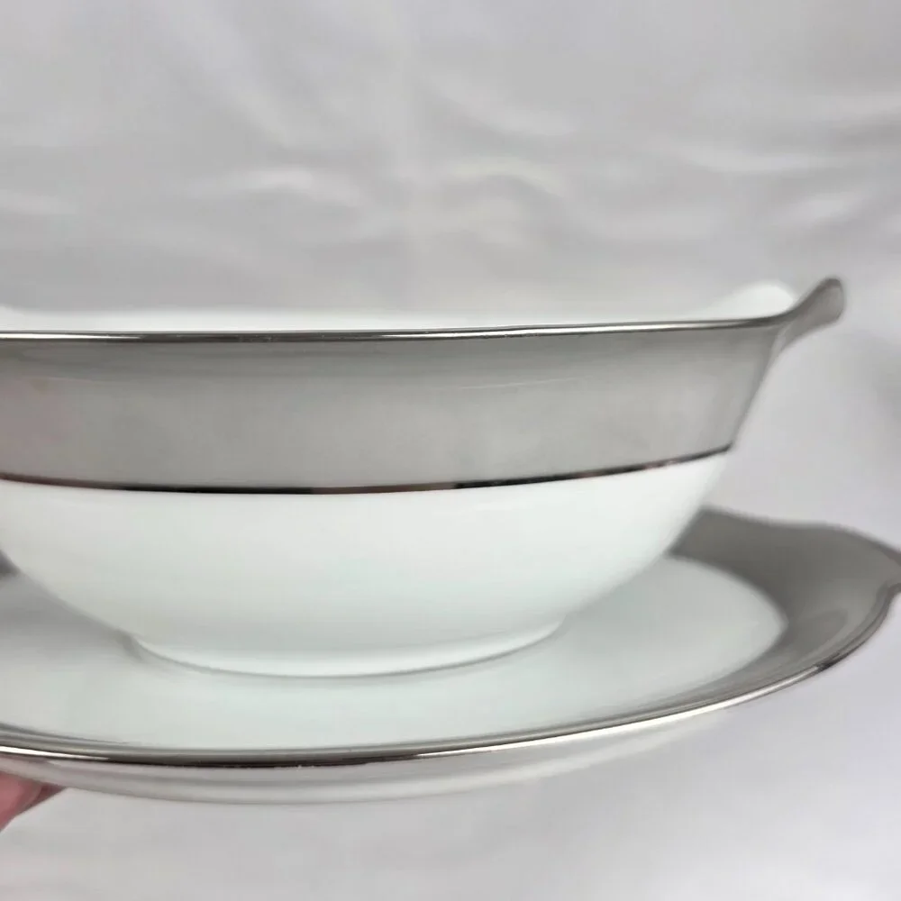 Sango Plantina Gravy Boat with Underplate Gray Band Platinum Trim